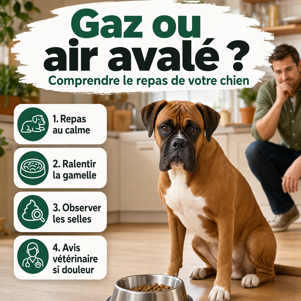 Boxer fauve au masque noir assis calmement près d’une gamelle dans une cuisine lumineuse, illustrant un repas de chien plus serein.