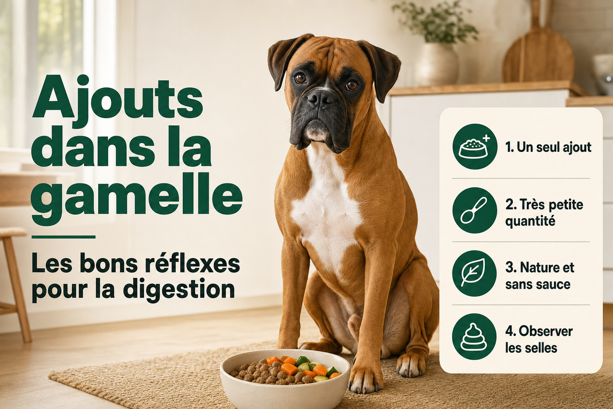 Néo, boxer fauve au masque noir, assis dans une cuisine lumineuse près d’une gamelle de croquettes avec quelques légumes cuits nature.