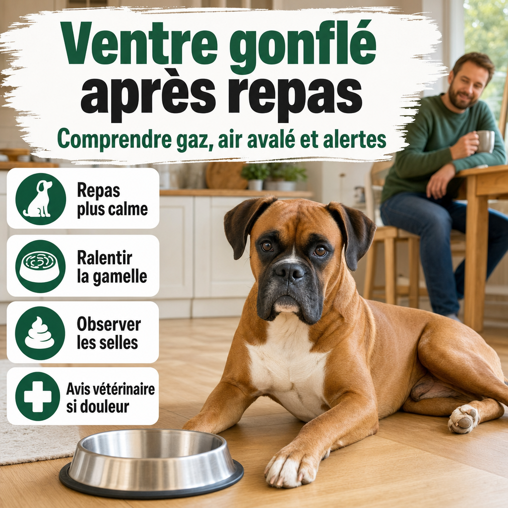 Néo, boxer fauve au masque noir, se repose près d’une gamelle vide dans une cuisine lumineuse après son repas.