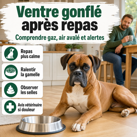 Néo, boxer fauve au masque noir, se repose près d’une gamelle vide dans une cuisine lumineuse après son repas.