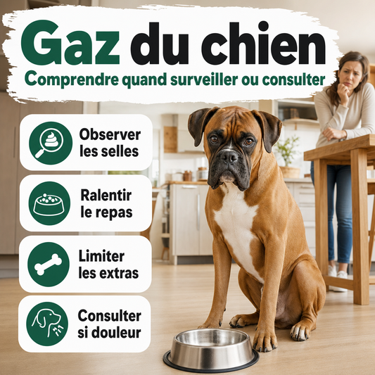 Néo, boxer fauve au masque noir et poitrail blanc, assis près d’une gamelle vide dans une cuisine lumineuse et chaleureuse.