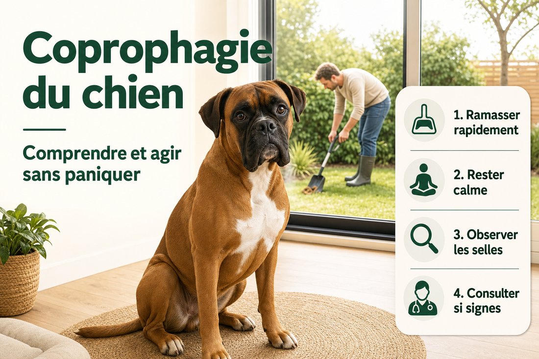 Néo, boxer fauve au masque noir et au poitrail blanc, assis dans un salon lumineux pendant que son humain nettoie le jardin en arrière-plan.