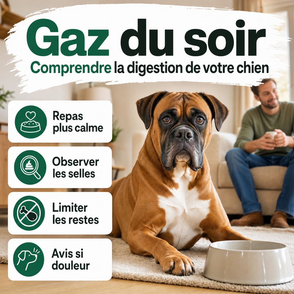 Néo, boxer fauve au masque noir et au poitrail blanc, se repose dans un salon lumineux près d’une gamelle propre.
