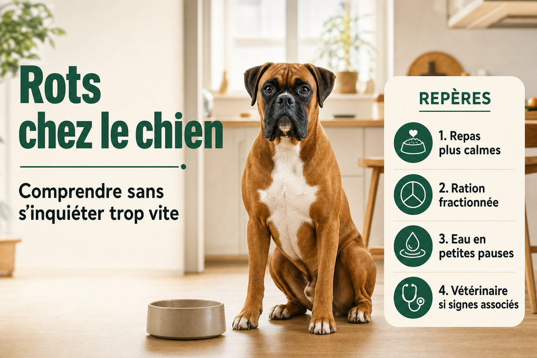 Néo, boxer fauve au masque noir et au poitrail blanc, assis calmement dans une cuisine lumineuse près d’une gamelle simple.