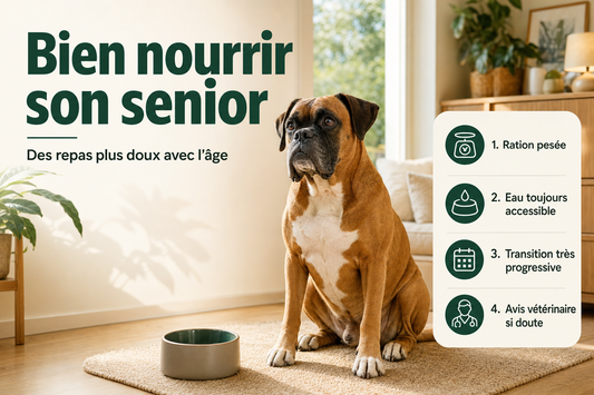 Néo, boxer fauve au masque noir et au poitrail blanc, assis calmement près de sa gamelle dans un intérieur lumineux et chaleureux.