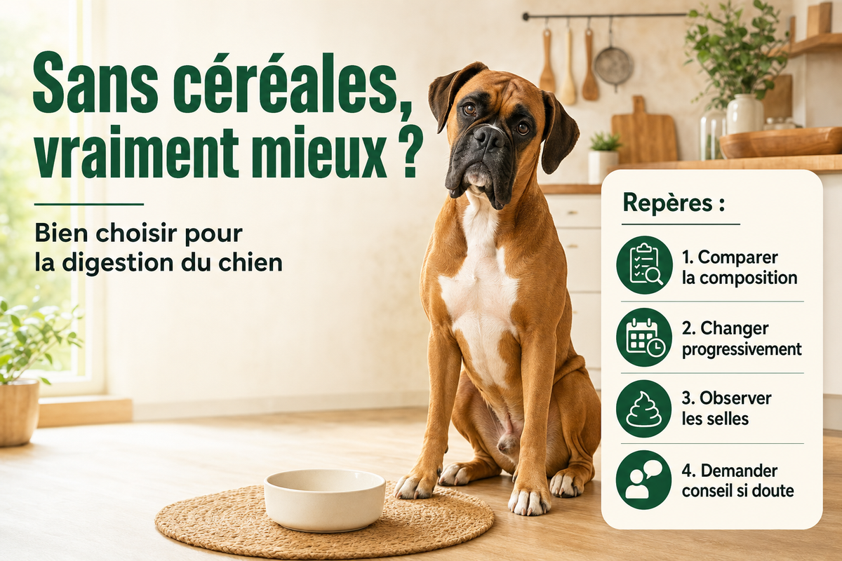 Néo, boxer fauve au masque noir et au poitrail blanc, assis dans une cuisine lumineuse près d’une gamelle simple.