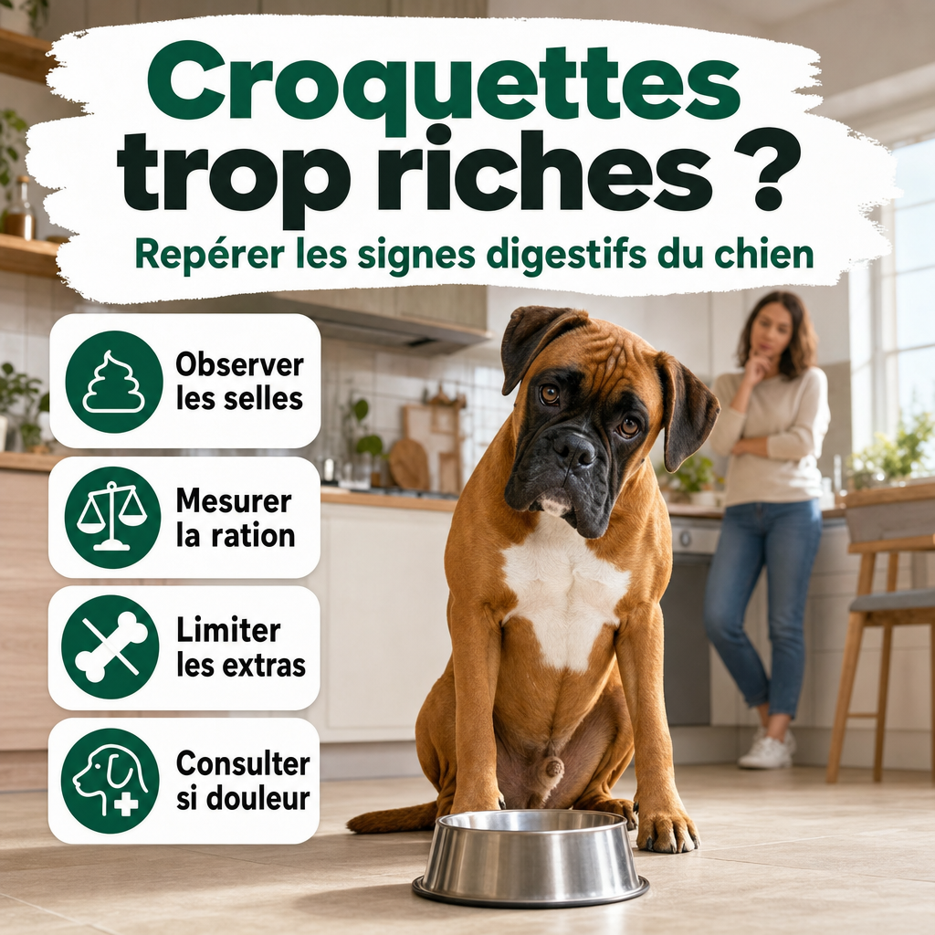Néo, boxer fauve au masque noir et au poitrail blanc, assis calmement près d’une gamelle vide dans une cuisine lumineuse.