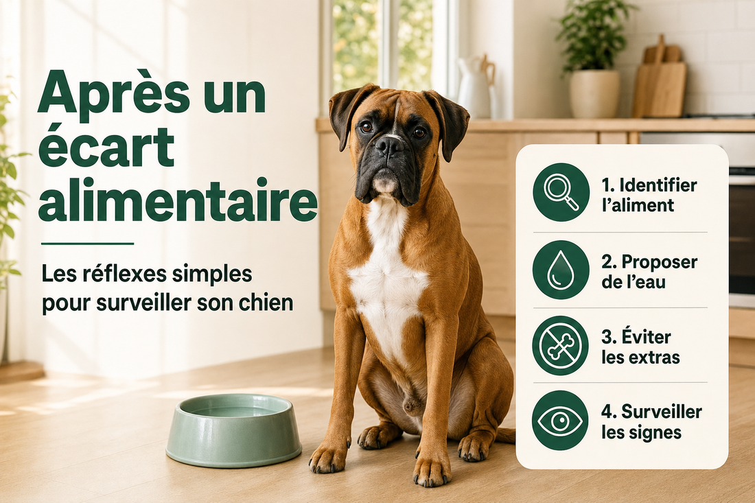 Néo, boxer fauve au masque noir et au poitrail blanc, assis dans une cuisine lumineuse près d’une gamelle propre.