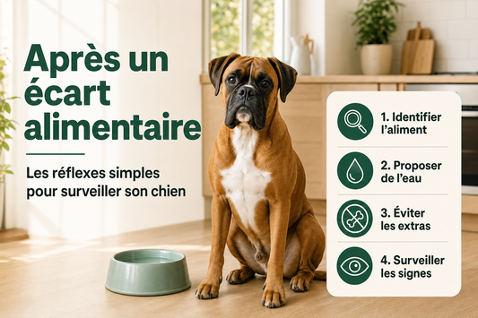 Néo, boxer fauve au masque noir et au poitrail blanc, assis dans une cuisine lumineuse près d’une gamelle propre.