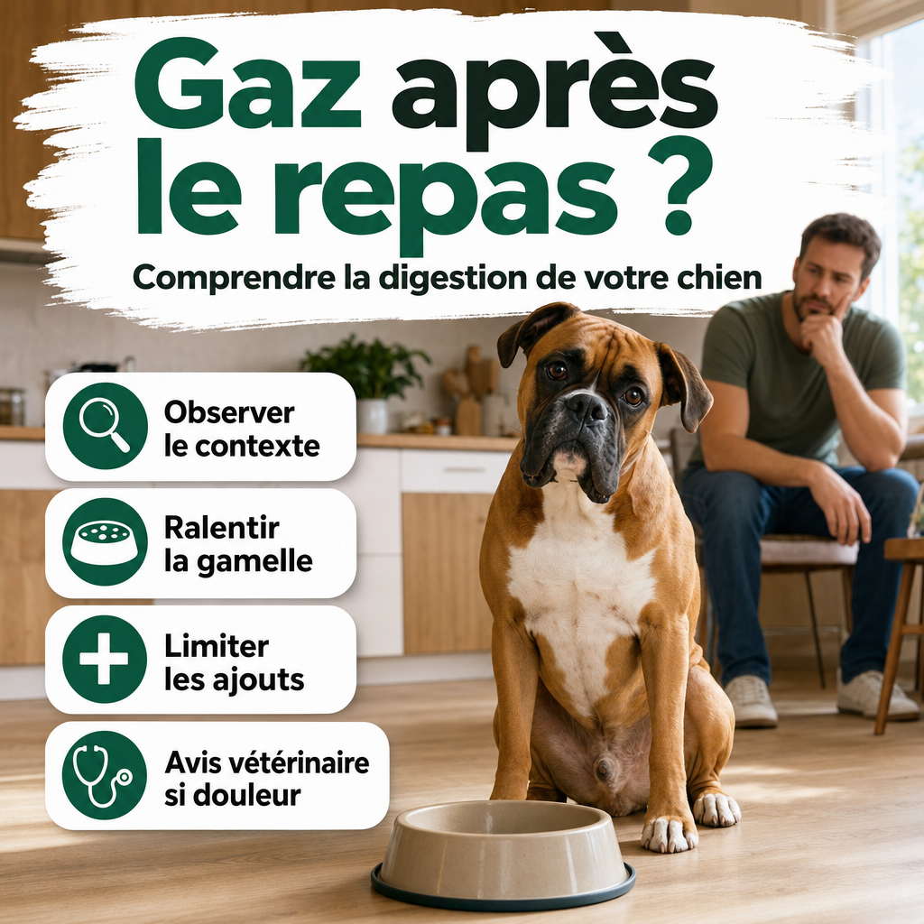 Néo, boxer fauve au masque noir et poitrail blanc, assis dans une cuisine lumineuse près de sa gamelle vide.
