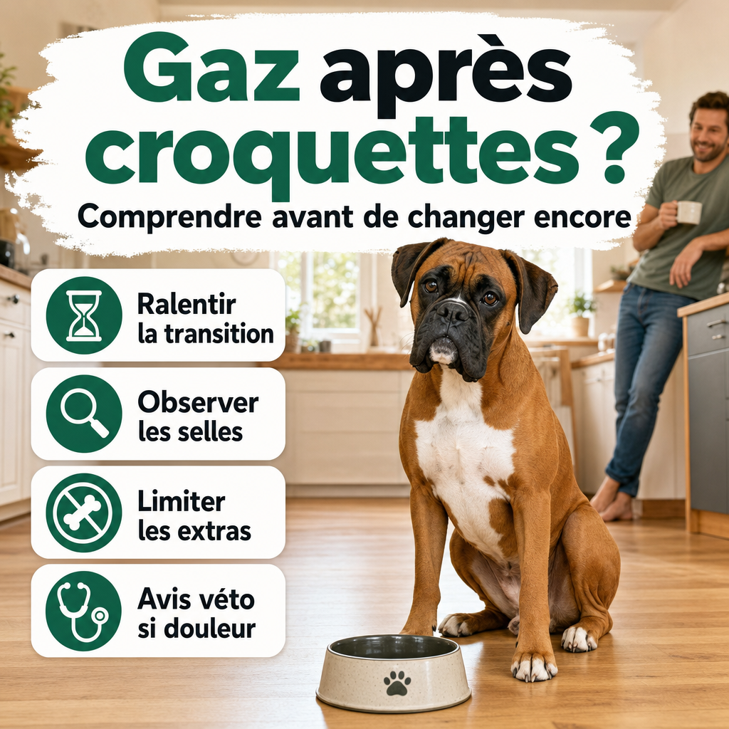 Néo, boxer fauve au masque noir et poitrail blanc, assis près d’une gamelle dans une cuisine lumineuse et chaleureuse.