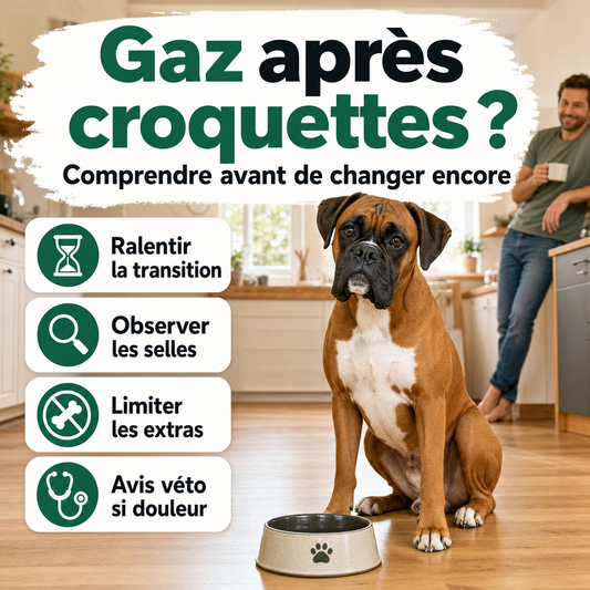 Néo, boxer fauve au masque noir et poitrail blanc, assis près d’une gamelle dans une cuisine lumineuse et chaleureuse.