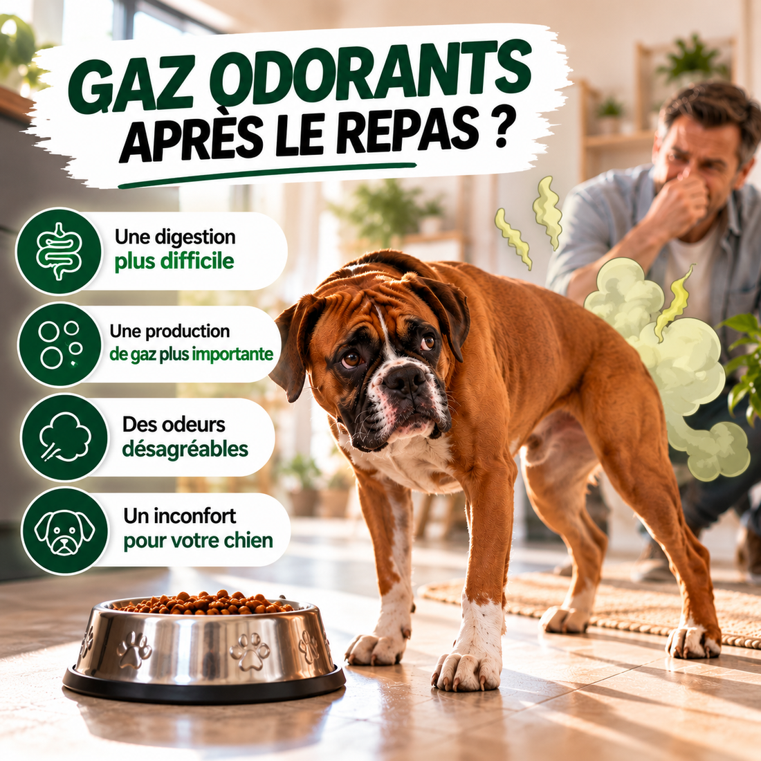 Néo, boxer fauve au masque noir et au poitrail blanc, assis près d’une gamelle vide dans une cuisine lumineuse.