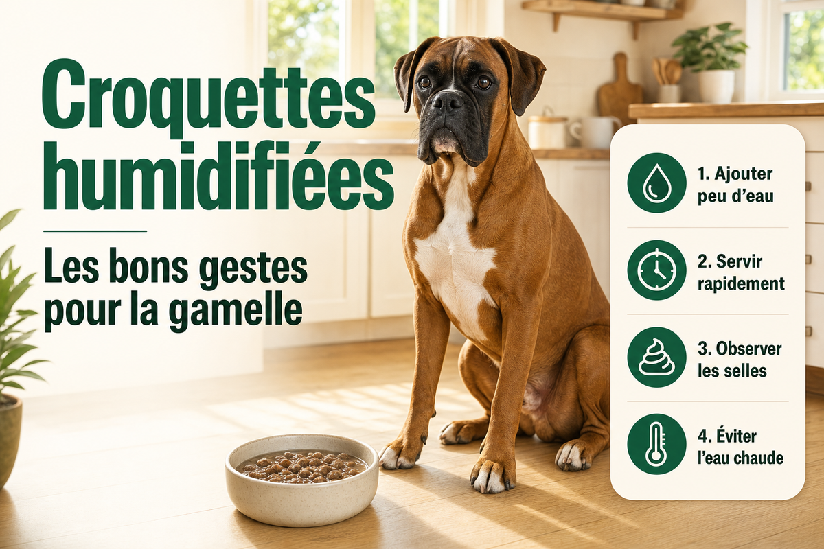 Néo, boxer fauve au masque noir, assis dans une cuisine lumineuse près d’une gamelle de croquettes légèrement humidifiées.