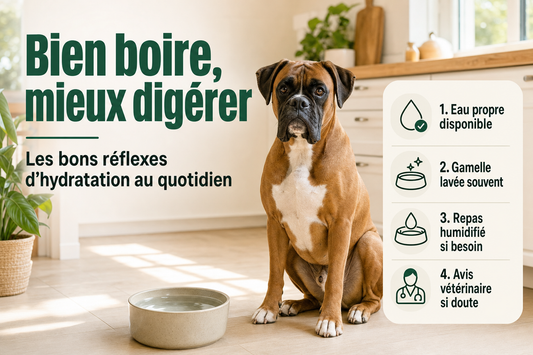 Néo, boxer fauve au masque noir, assis dans une cuisine lumineuse près d'une gamelle d'eau propre.