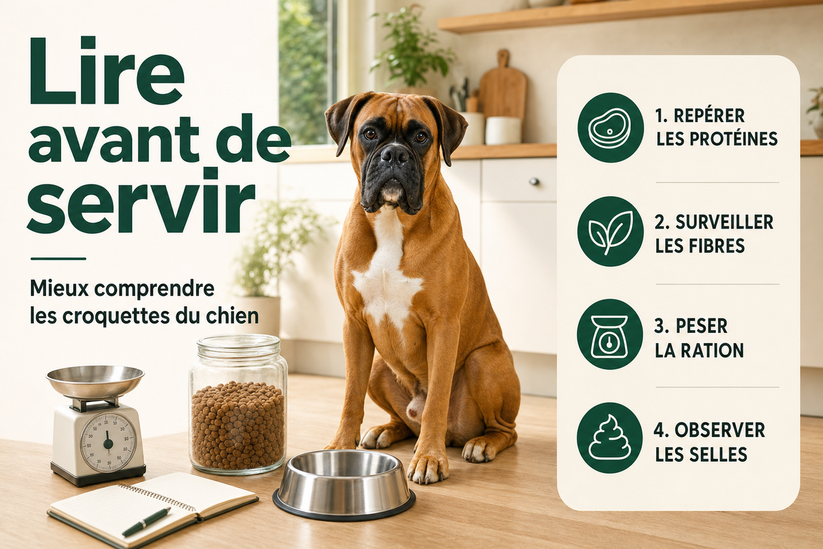 Néo, boxer fauve au masque noir, assis dans une cuisine lumineuse près d’une gamelle, d’un bocal de croquettes sans marque, d’une balance et d’un carnet.