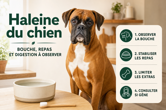 Néo, boxer fauve au masque noir et au poitrail blanc, assis dans une cuisine lumineuse près d’une gamelle d’eau et d’une brosse à dents pour chien.