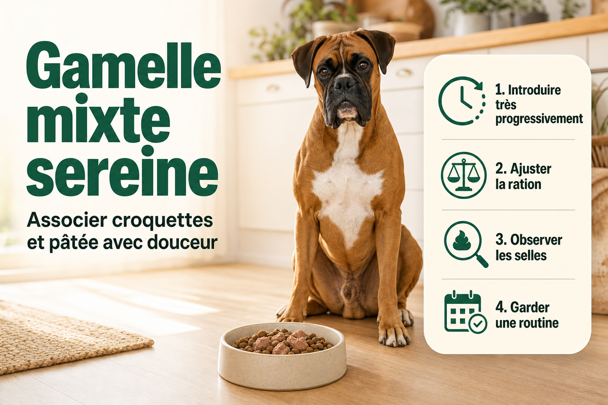 Néo, boxer fauve au masque noir et au poitrail blanc, assis dans une cuisine lumineuse près d’une gamelle de croquettes et pâtée.