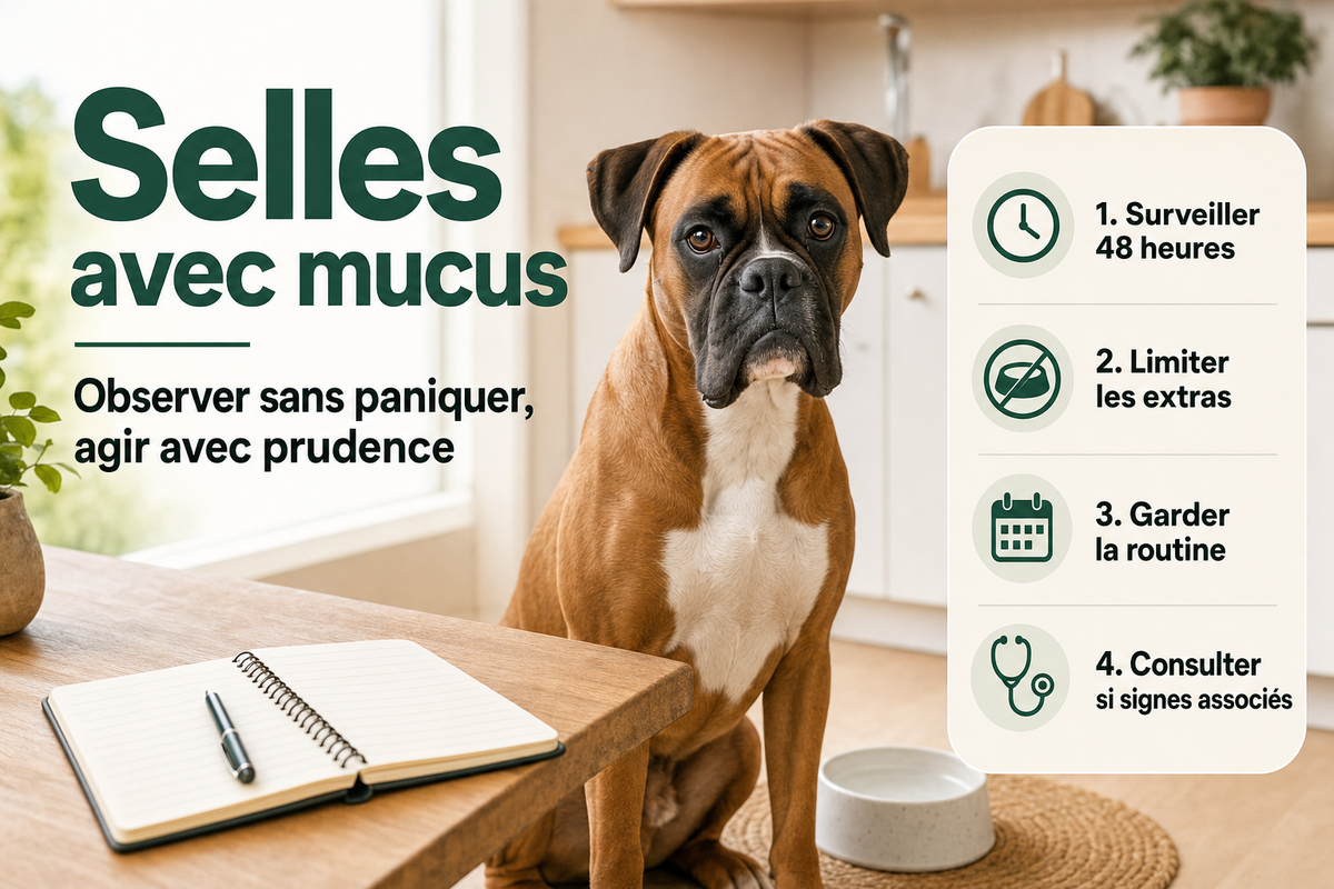 Néo, boxer fauve au masque noir, assis dans une cuisine lumineuse près d’une gamelle propre et d’un carnet de suivi.