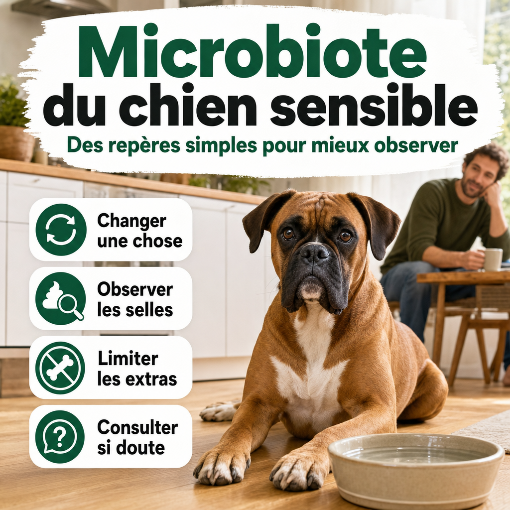 Néo, boxer fauve au masque noir et poitrail blanc, se repose dans une cuisine lumineuse près d’une gamelle d’eau.