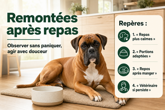 Néo, boxer fauve au masque noir et au poitrail blanc, se repose calmement près de sa gamelle dans une cuisine lumineuse.