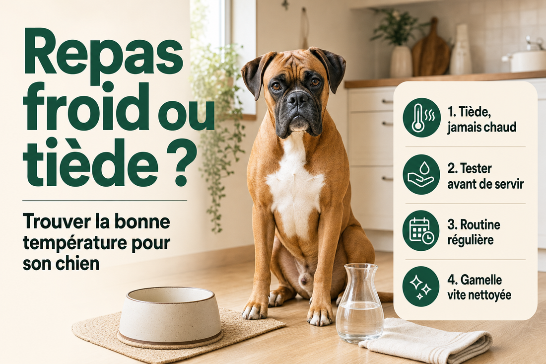 Néo, boxer fauve au masque noir et au poitrail blanc, attend calmement près de sa gamelle dans une cuisine lumineuse.