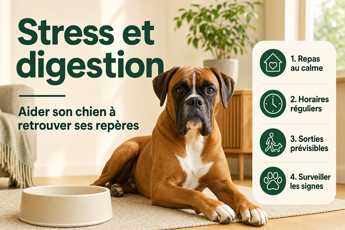 Néo, boxer fauve au masque noir et au poitrail blanc, se repose près de sa gamelle dans un salon lumineux et apaisant.