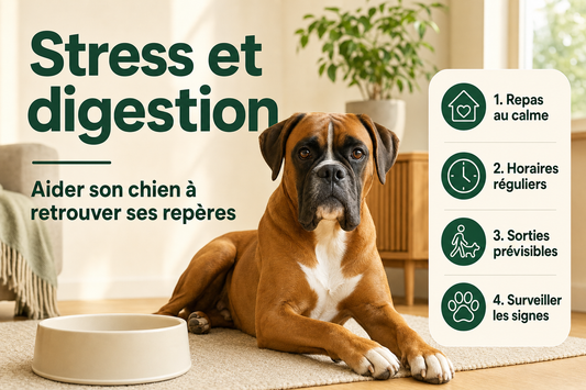 Néo, boxer fauve au masque noir et au poitrail blanc, se repose près de sa gamelle dans un salon lumineux et apaisant.